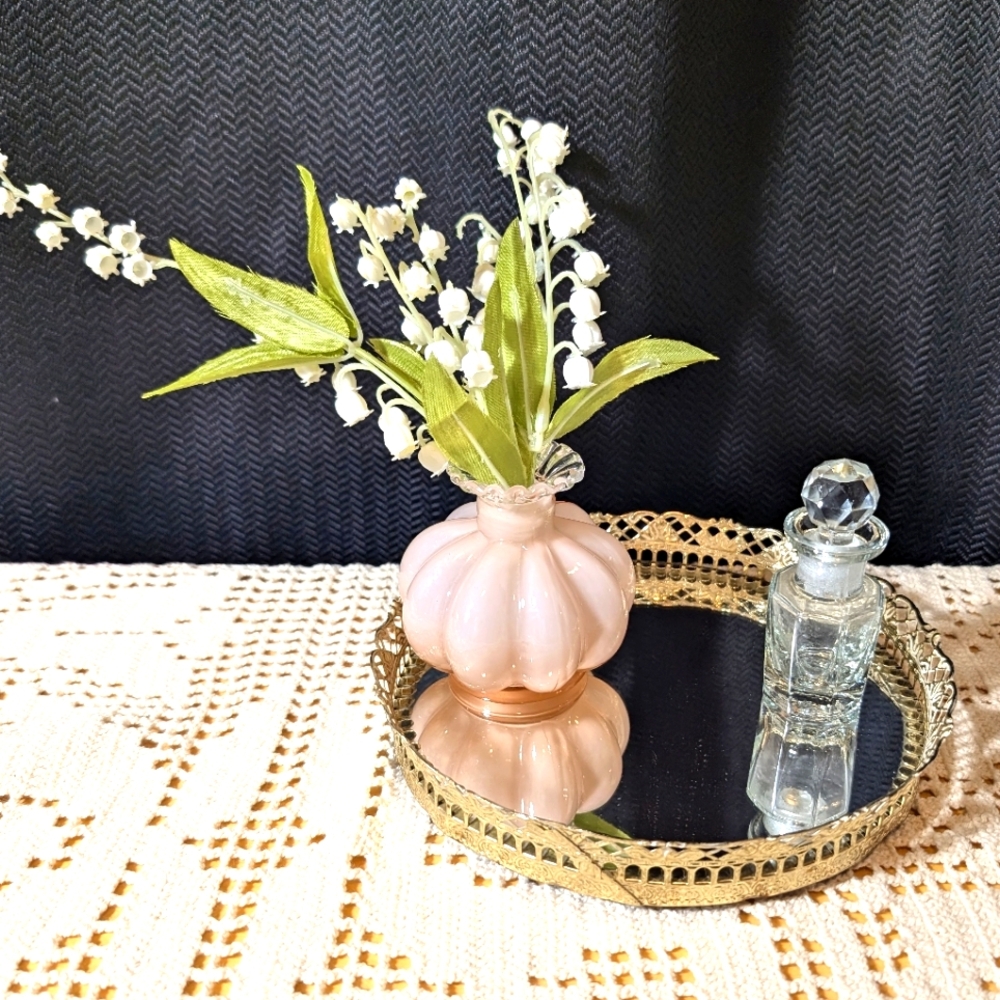 Vanity Set, Gold Tray, Clear Refillable Perfume Bottle and Fenton Vase.